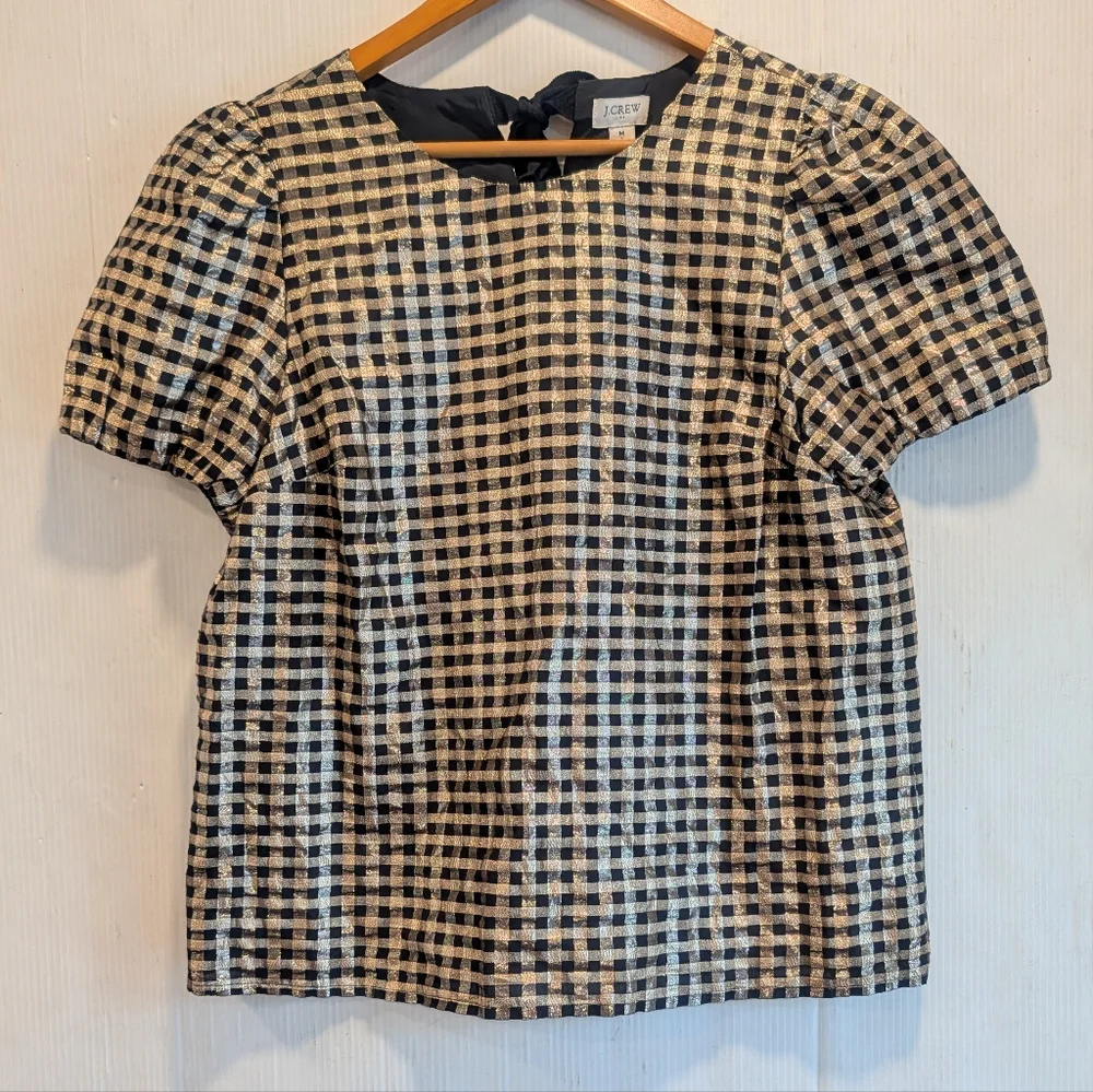 J. CREW Women's Black and Gold Gingham Blouse Holiday Size Medium - Picture 9 of 10